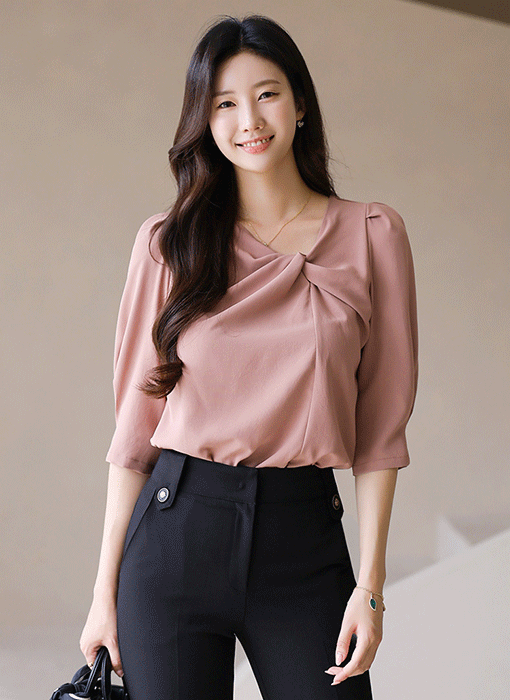(4 Colors) Satin Twist Front Blouse