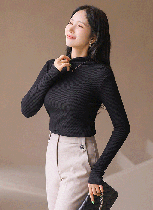 (5 Colors) Soft Ribbed High Neck Knit Top