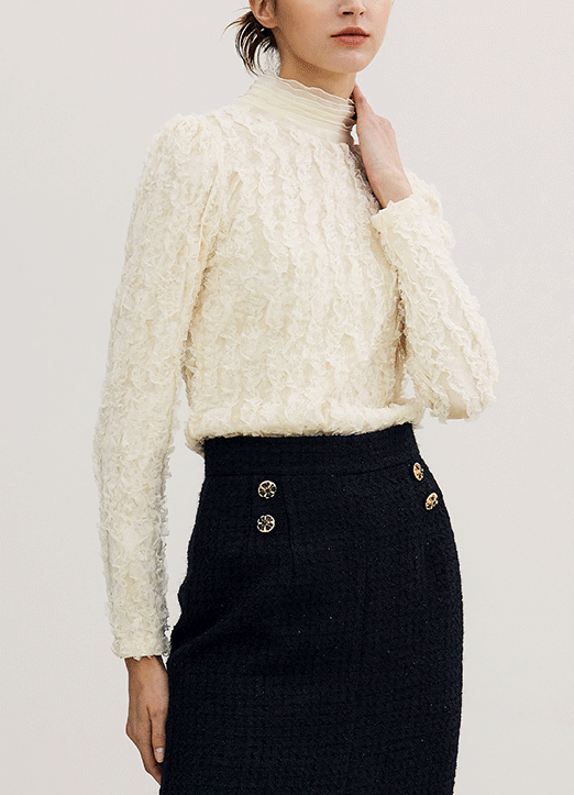 [The Onme] Layered High Neck 3D Lace Blouse