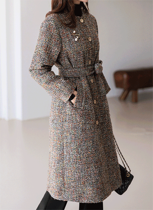 [LouisAngel] Wool40 Collarless Self Belted Herringbone Long Coat w/ Brooch 