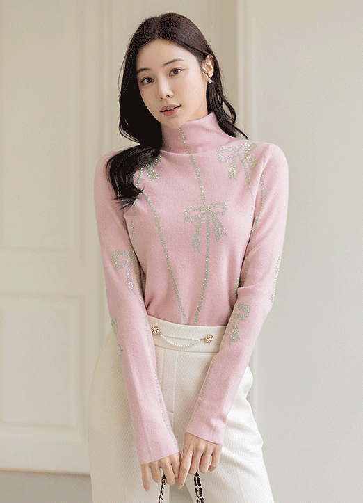 (4 Colors) Studded-Bow Detail Slim Turtleneck Knit Top