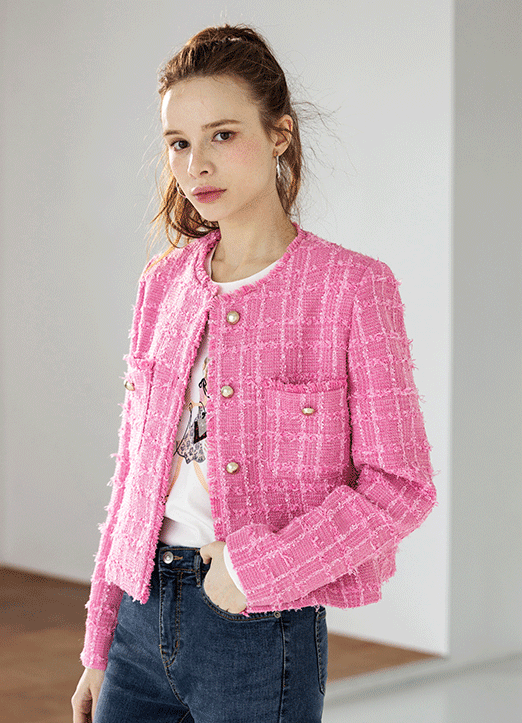 [The Onme] Fringe Trim Collarless Pocket Tweed Jacket