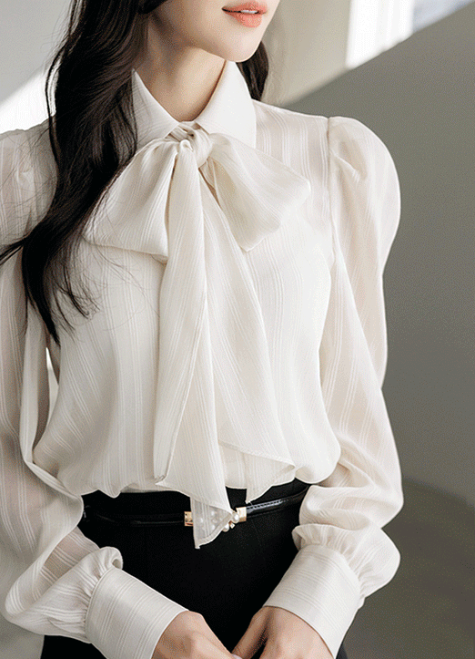 [LouisAngel] Sheer Striped Puff Sleeve Shirt w/ Scarf