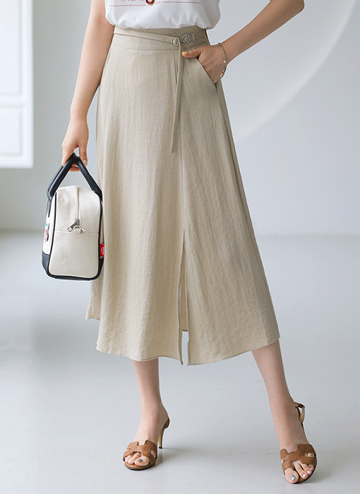Linen Blend Belted A-Line Skirt