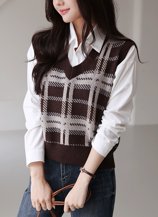 Check Knit Vest & Corduroy Shirt SET