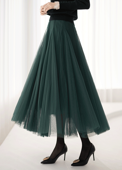 (7 Colors) Elastic Waist Tulle Flare Maxi Skirt