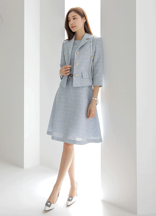 [Louis Angel] Jewel Button 3/4 Sleeve Tweed Jacket