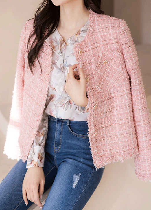 [Special Price] Fringe Trim Collarless Pocket Tweed Jacket