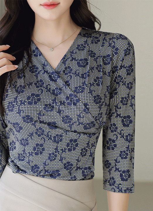 [LouisAngel] Flower Print Side Shirring Stretch Wrap Top