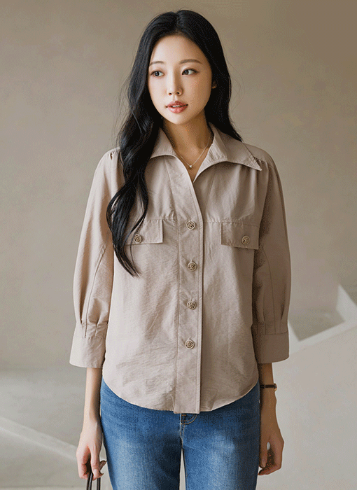[The Onme] Feminine Textured Pintuck Puff Sleeve Shirt