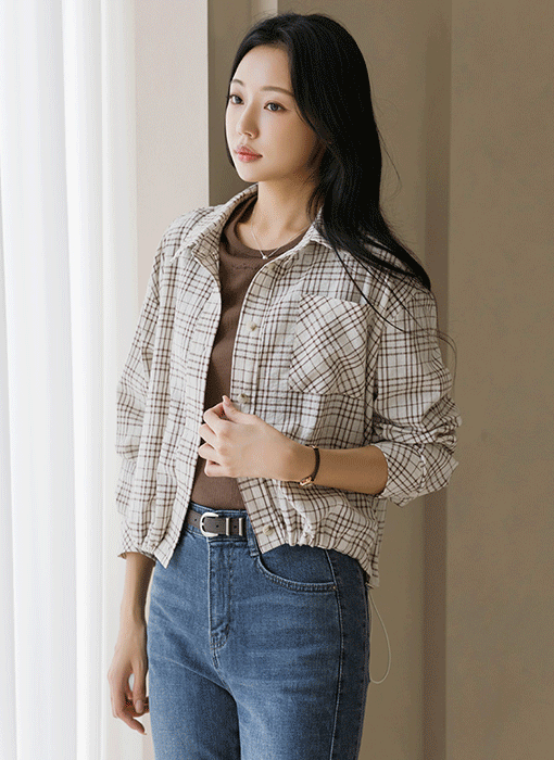 [The Onme] Drawstring Hem Check Cotton Shirt