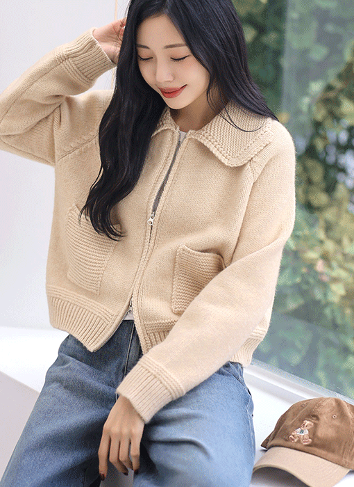 [The Onme] Crochet Pocket Zip-Up Knit Cardigan