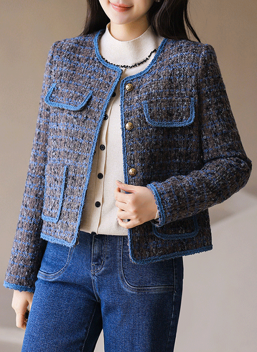 Blue Trim Wool Blend Tweed Jacket