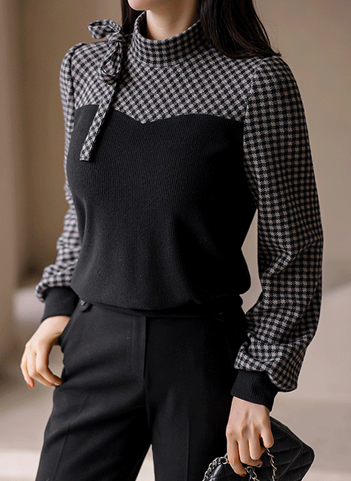 [LouisAngel] Check Harmony Ribbon Blouse Tee