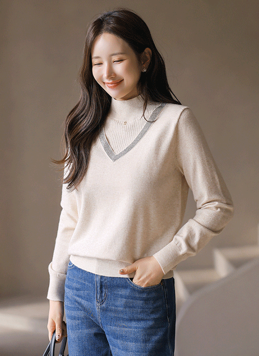 Radiant V-Detail Mock-Neck Layered Knit Top