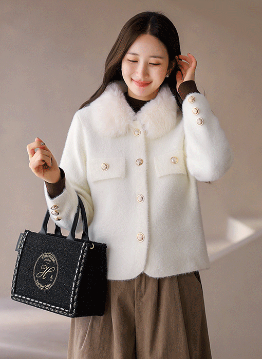 Faux-Fur Collar Fuzzy Textured Knit Cardigan