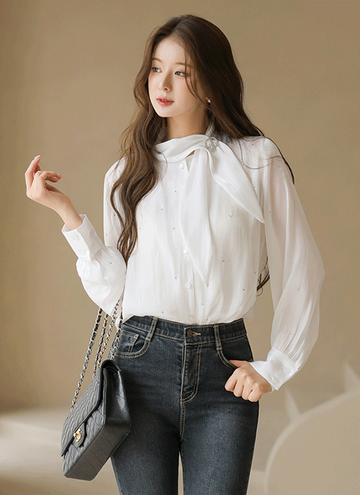 Satin Chiffon Rhinestone Studded Blouse