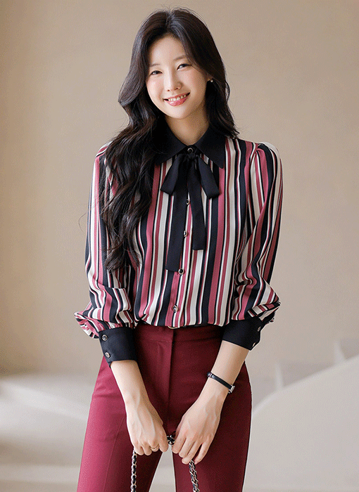 [LouisAngel] Ribbon Tie Mixed Stripe Shirt Blouse