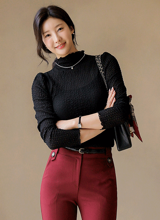 [LouisAngel] Embossed Sheer Mock Neck Blouse Tee