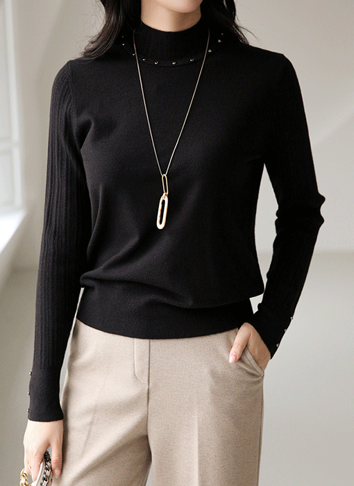 Sleek Rib Fusion Stud Mock Neck Knit Top