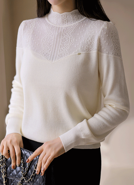 Whisper Lace Panel Soft Mock-Neck Knit Top