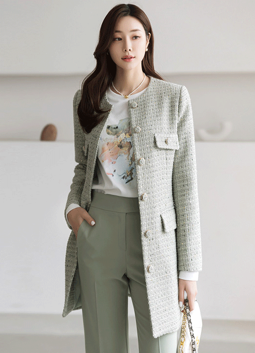 [Louis Angel] Collarless Spangle Tweed Long Jacket