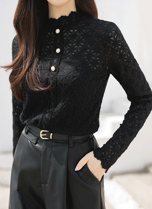 [LouisAngel] Scallop Edge Pearl Button Ethnic Brushed Lace Top