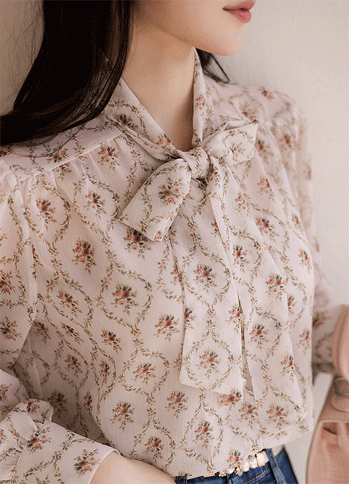 [LouisAngel] Tie Neck Floral Shirring Chiffon Blouse