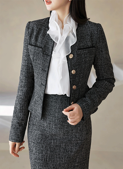 Piping Collarless Melange Peplum Jacket