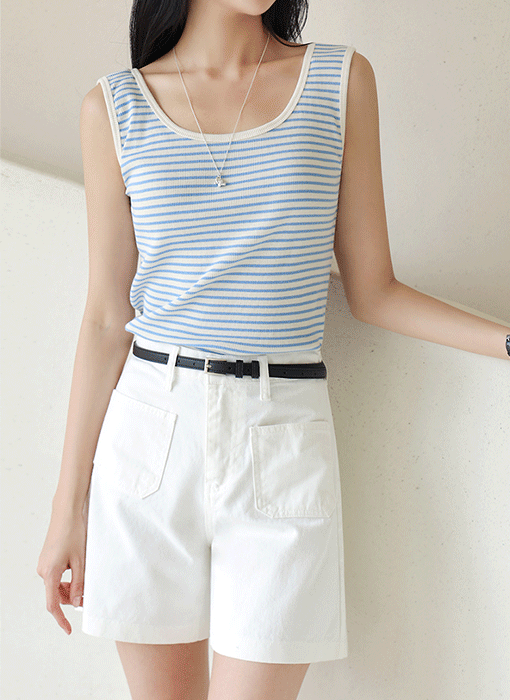 [The Onme] (4 Colors) Dual Neckline Striped Rib Tank