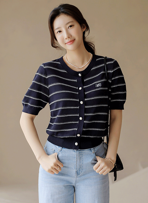 Embroidered Stripe Button Knit Cardigan