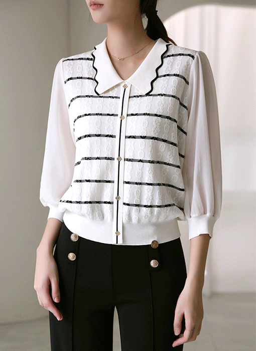 Chiffon Sleeve Jacquard Knit Blouse