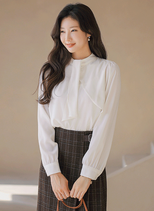 Ribbon Ruffle Mock-Neck Blouse