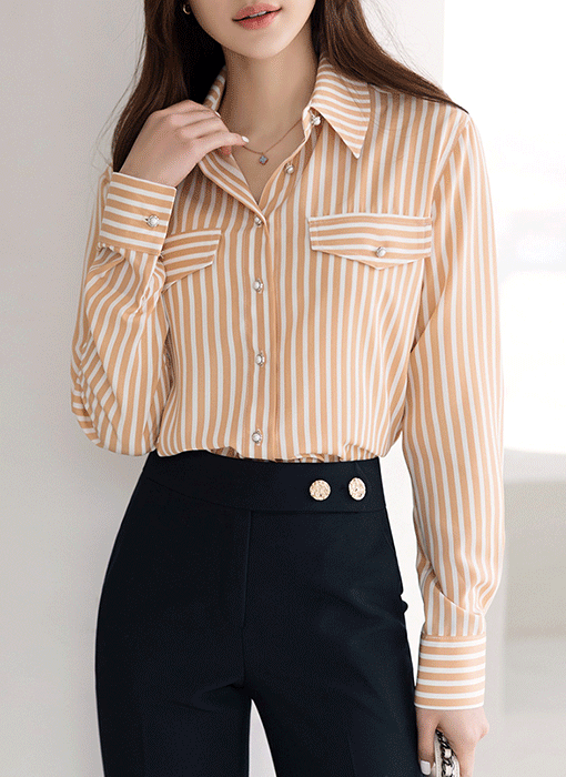 [Louis Angel] Pearl Button Flap Detail Stripe Shirt