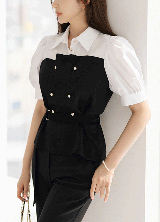 [Louis Angel] Contrast Bustier Layered Look Shirt w/ Belt