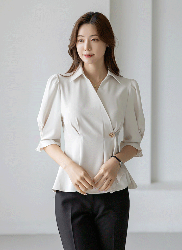 Collared Puff Sleeve Peplum Wrap Blouse