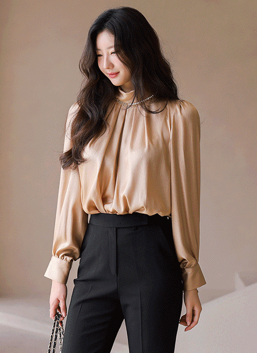 Elegance Draped Satin Blouse w/ Pearl Chain