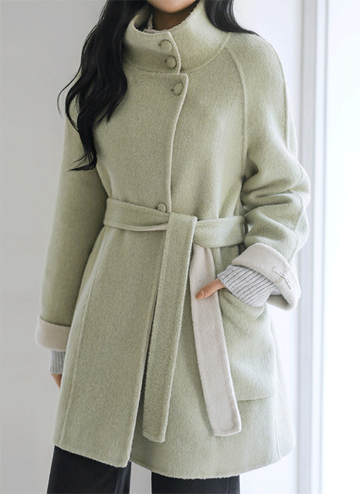 [The Onme] Soft Pastel High-Neck Belted Wool-Blend Coat