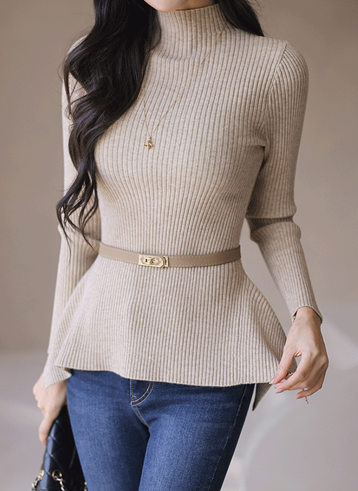 Sleek Ribbed Peplum Knit Top w/ Belt