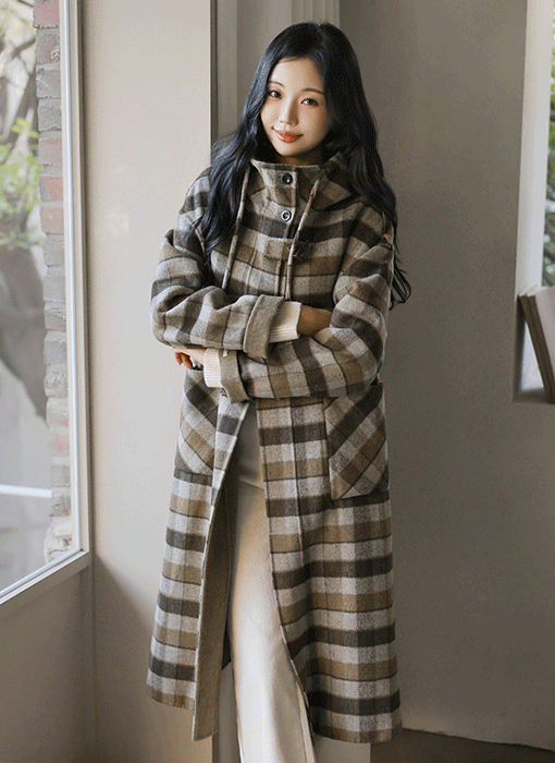 [The Onme] Highland Check Hooded Wool-Blend Coat