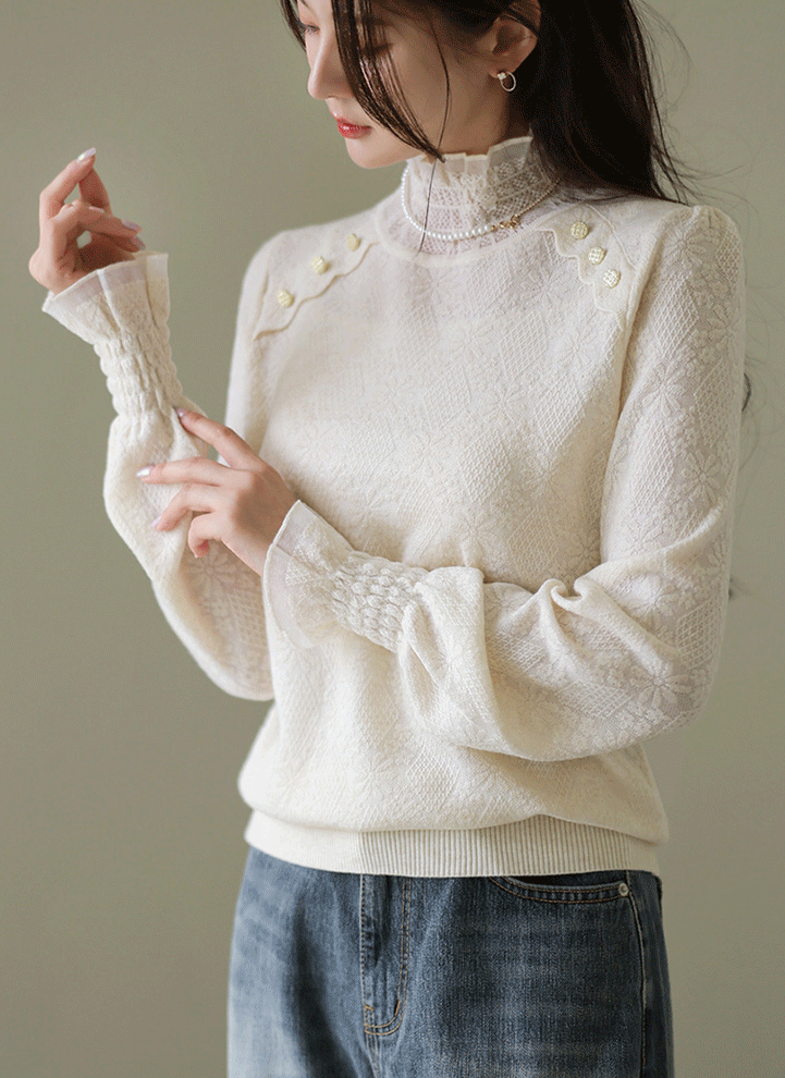 Smocked Edge Lace Tim Floral Jacquard Knit Top