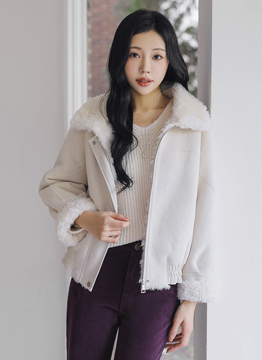 [The Onme] Faux Suede Fur Lined Zip-Up Jacket