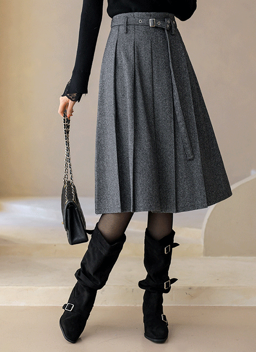 Classic Belted A-Line Pleated Midi Skirt