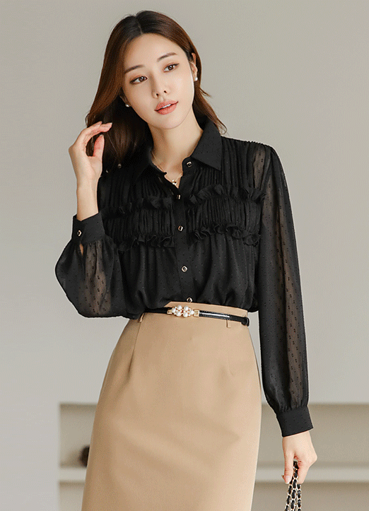 [Louis Angel] Shirred Frill Jacquard Chiffon Blouse