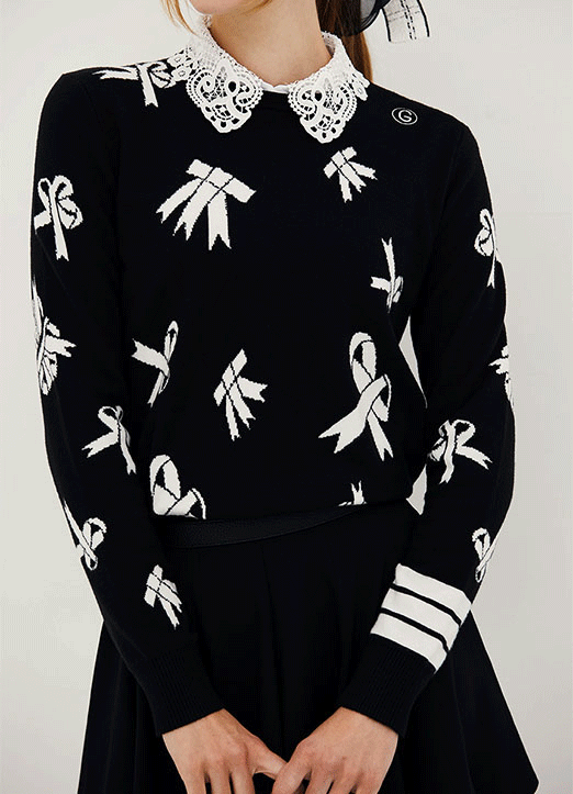 [QoG] Contrast Bow Print Striped Cuff Knit Top