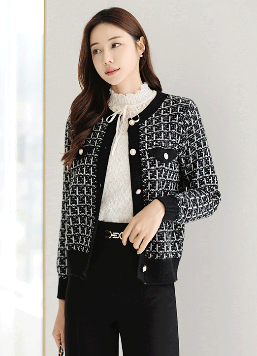 Contrast Trim Jewel Button Tweed Texture Knit Cardigan