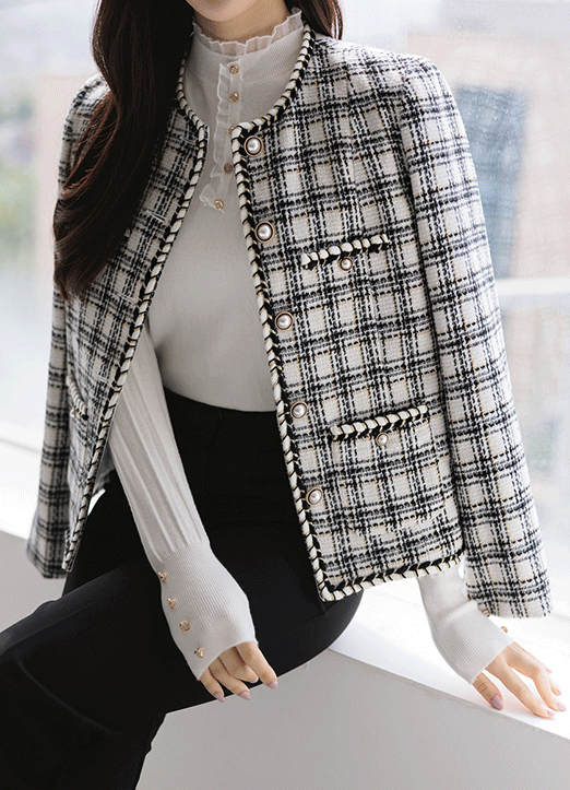[LouisAngel] Braided Trim Collarless Plaid Tweed Jacket 