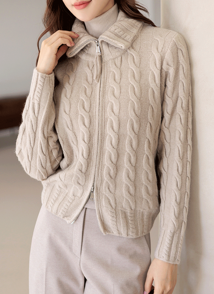 2Way Zip-Up Neck Bold Cable Knit Cardigan