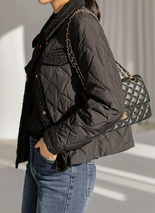 Tweed Trim Collared Jewel Button Padded Jacket