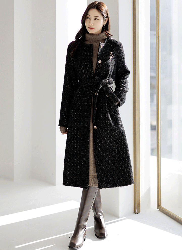 [LouisAngel] Wool Blend Collarless Self Belted Gold Metallic Tweed Coat w/ Brooch